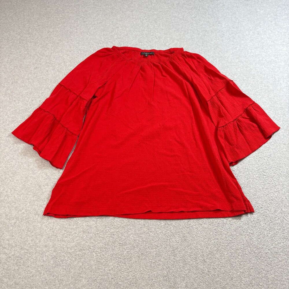 Calessa Shirt Women Medium Red Ruffle Bell Sleeve Boho Peasant Oversized Comfort